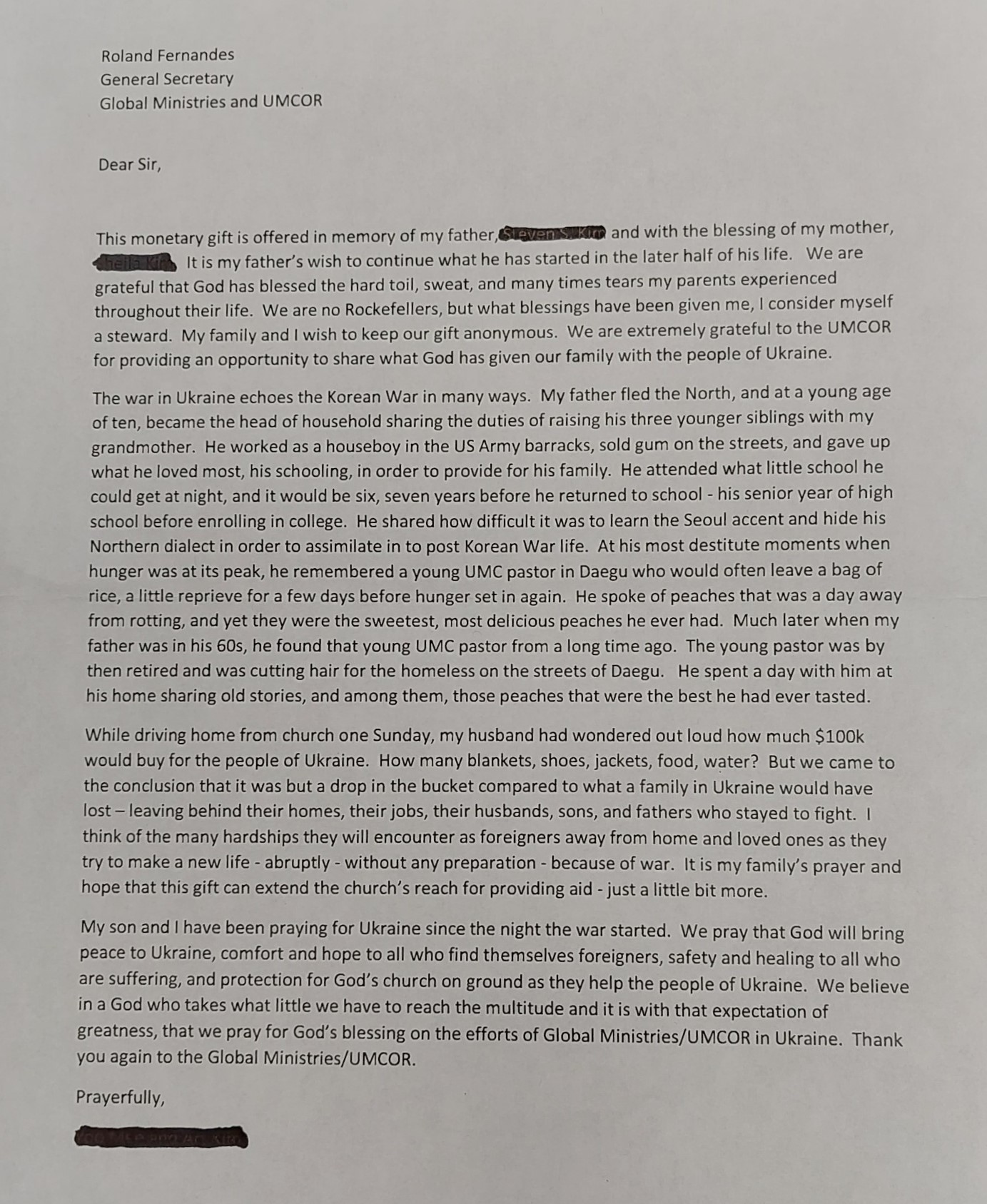 아틀란타한인교회의 익명의 교인이 10만 불의 헌금을 전달하며 보내온 편지.  