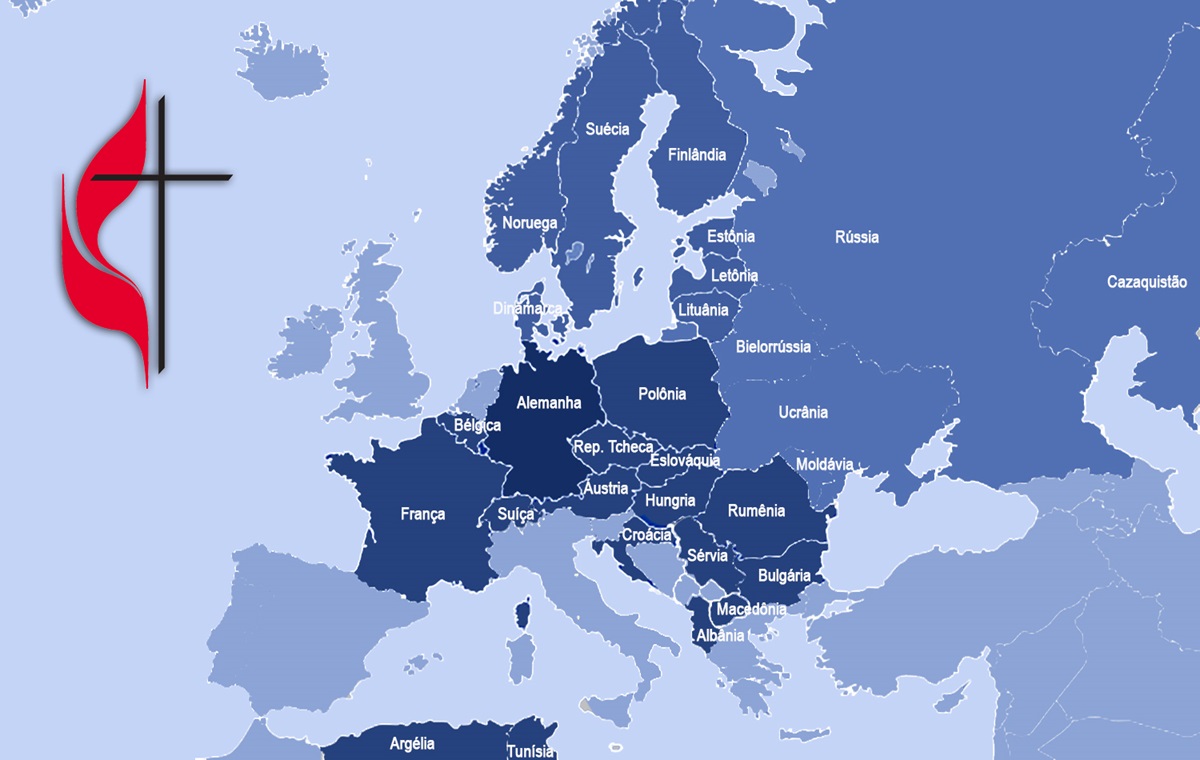 Mapa das Conferências Centrais da Europa. Atualmente, o continente conta com três conferências centrais: Europa Central e Meridional, que possui uma área episcopal, sete conferências anuais e um ministério em 16 países (Polônia, Áustria, República Tcheca, Eslováquia, Suíça, França, Croácia, Albânia, Bélgica, Macedônia , Rumênia, Bulgária, Hungria, Sérvia, Argélia e Tunísia); Alemanha que tem uma área episcopal, três conferências anuais e ministério em um país (Alemanha); Norte da Europa e Eurásia que tem duas áreas episcopais, 10 conferências anuais e ministério em 14 países (Rússia, Ucrânia, Bielorrússia, Moldávia, Letónia, Lituânia, Estónia, Finlândia, Suécia, Noruega, Dinamarca, Cazaquistão, Curdistão e Tadjiquistão). Gráfico por Rev. Gustavo Vásquez, Notícias MU.