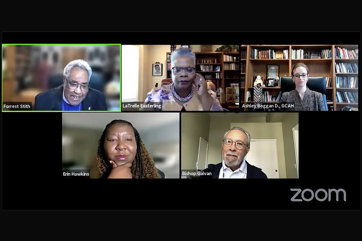 Clockwise from left, retired Bishop Forrest C. Stith, Bishop LaTrelle Easterling, retired Bishop Elías Galván, Ashley Boggan Dreff and Erin Hawkins join in conversation about the historical context of The United Methodist Church's anti-racism work. Dreff pointed out that multiple previous divides in Methodism cited race as a main cause. Screengrab courtesy of the Council of Bishops via Zoom by UM News.