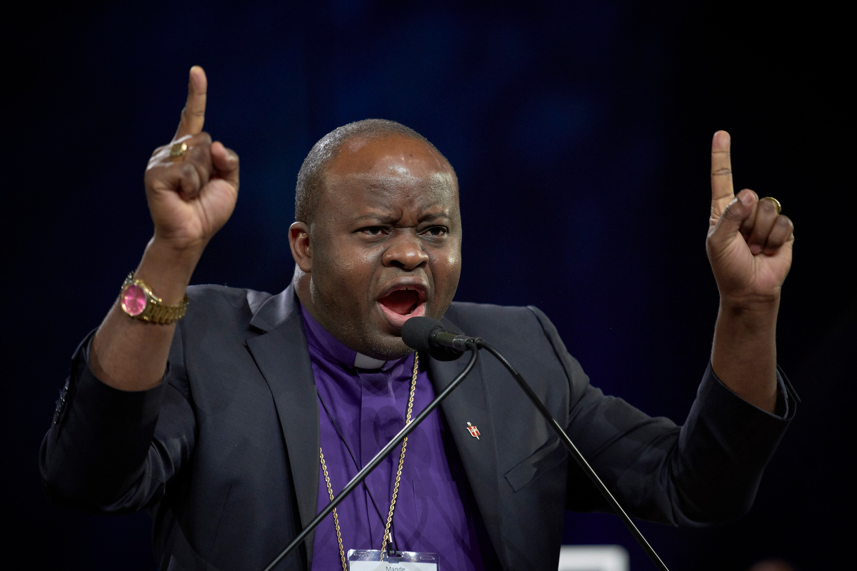 Bishop Mande Muyombo speaks during the 2019 United Methodist General Conference in St. Louis. Muyombo was the keynote speaker for the April 28-May 1 meeting of Black Methodists for Church Renewal, which was held online. File photo by Paul Jeffrey, UM News.