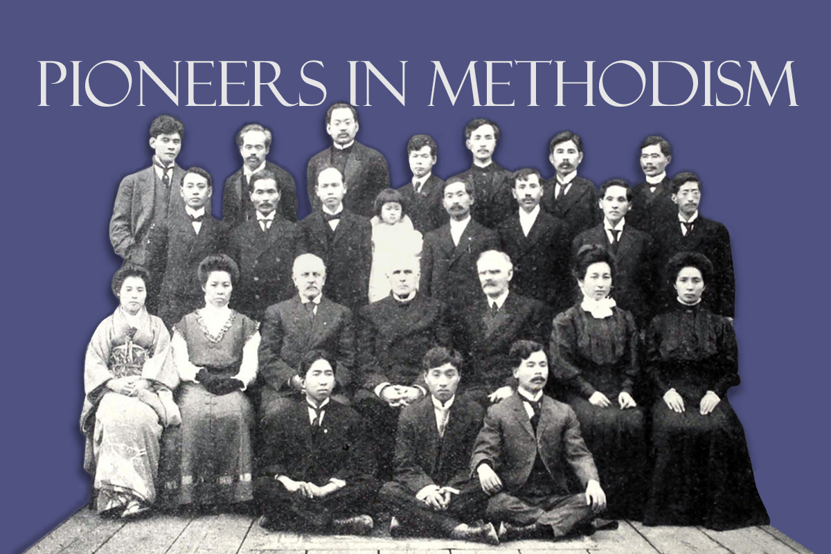 The Rev. Zenro Hirota (second row from the top, third from the left) poses with other attendees of the 10th Annual Session of the Pacific Japanese Mission of the Methodist Episcopal Church held in Seattle, Wash., in 1909. Hirota is listed as “pastor at San Francisco” on the original legend. Image courtesy of Archives and History of the California-Pacific Conference; graphic by Laurens Glass, United Methodist Communications. 