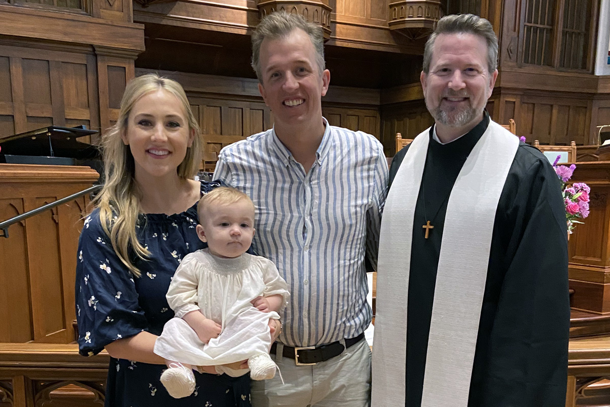 Kayla Alexander (left), who attended First United Methodist Church of Baton Rouge as a child, attended the church virtually while her family was in lockdown because of COVID-19 in Australia, where they now live. Alexander and Jamie (to her right) brought their third child Brady Alexander to Louisiana to be baptized by the Rev. Brady Whitton at First United Methodist Church. Photo courtesy of Kayla Alexander.