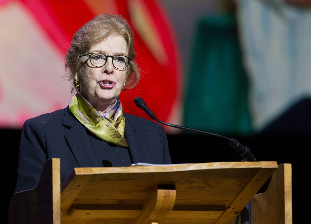 The Rev. Susan Henry-Crowe of the United Methodist Board of Church and Society addresses the 2016 United Methodist General Conference May 16 in Portland, Ore. Crowe helped present the report on the denomination's Four Areas of Focus for ministry. Photo by Mike DuBose, UMNS