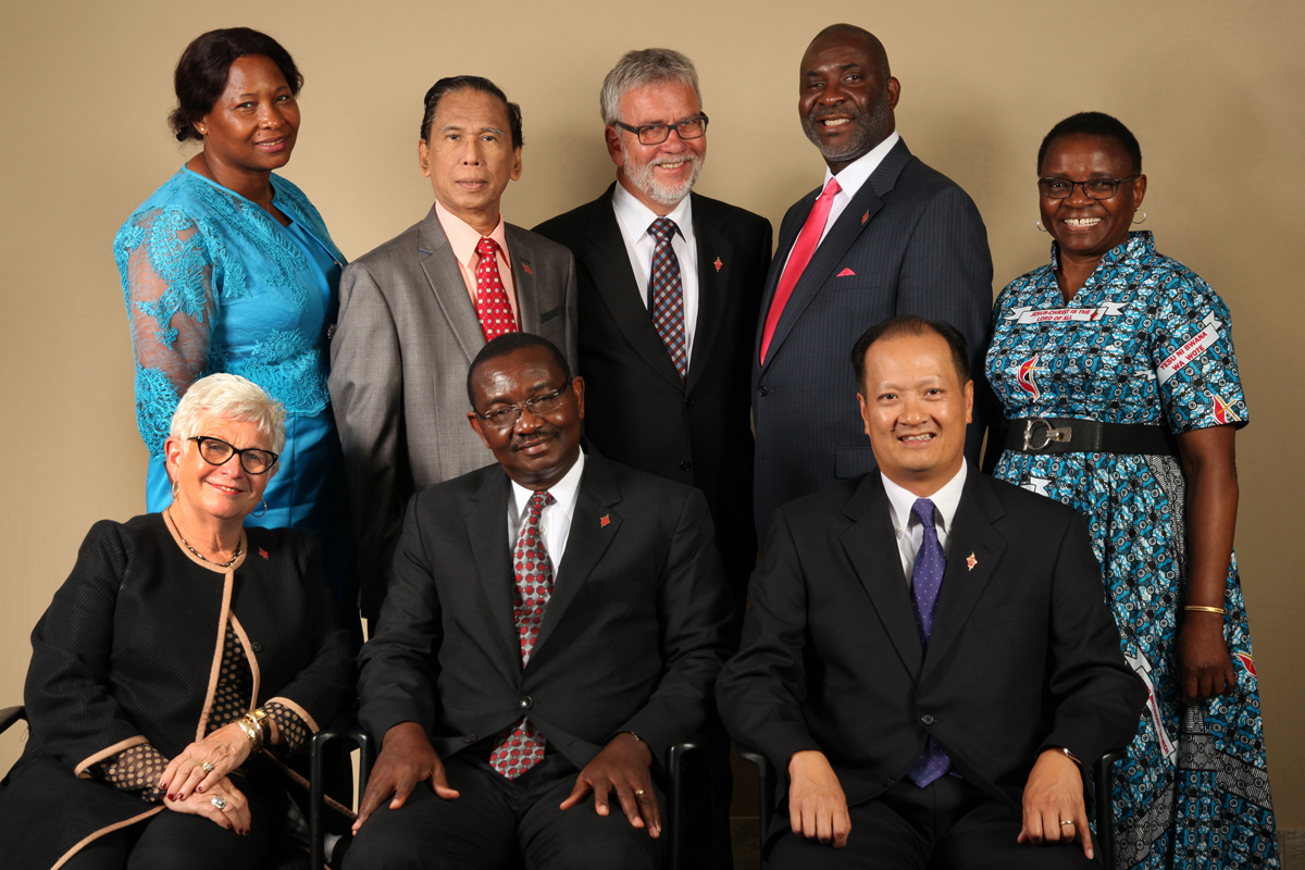 Members of the 2016-2020 Judicial Council. (From left) Front row: Deanell Reece Tacha, N. Oswald Tweh Sr., the Rev. Luan-Vu Tran. Back row: Lydia Romão Gulele, the late Ruben T. Reyes, the Rev. Øyvind Helliesen, the Rev. Dennis Blackwell, and the Rev. J. Kabamba Kiboko. (Not pictured, Beth Capen) The Judicial Council released three decisions June 6. Photo by Kathleen Barry, United Methodist Communications.