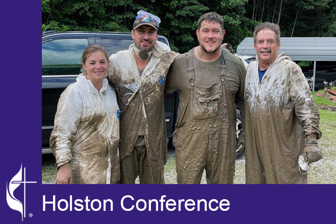 A team from Keith Memorial United Methodist Church wears the mud they worked in while pulling out water-logged insulation beneath a mobile home in Norton, Virginia. From left to right: Sarah Williams, Tyler Nash, Chris Anderson, and Terry Stansell. Photo by Melissa Smith, courtesy of the Holston Conference.