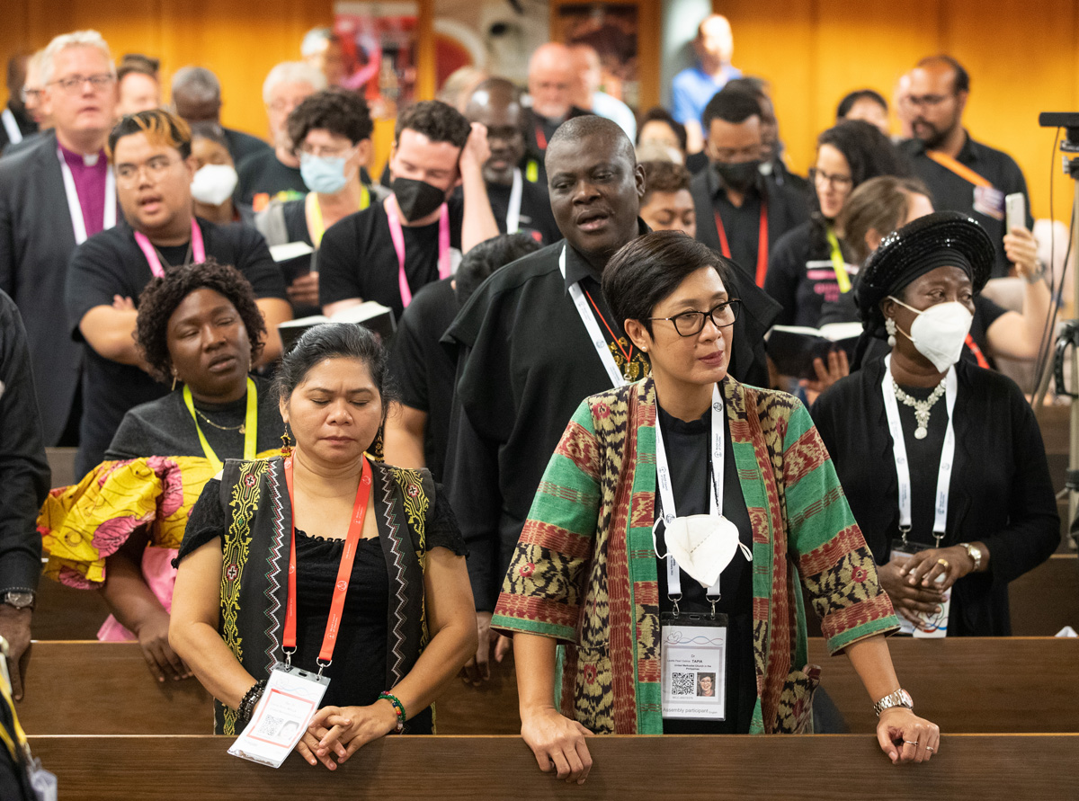 Members of World Methodist Council denominations gather for a time of fellowship at the United Methodist Church of the Redeemer (Erlšserkirche in German) in Karlsruhe, Germany, during the World Council of Churches' 11th Assembly. The assembly took place Aug. 31 to Sept. 8 under the theme "Christ's Love Moves the World to Reconciliation and Unity." Photo by Mike DuBose, UM News.
