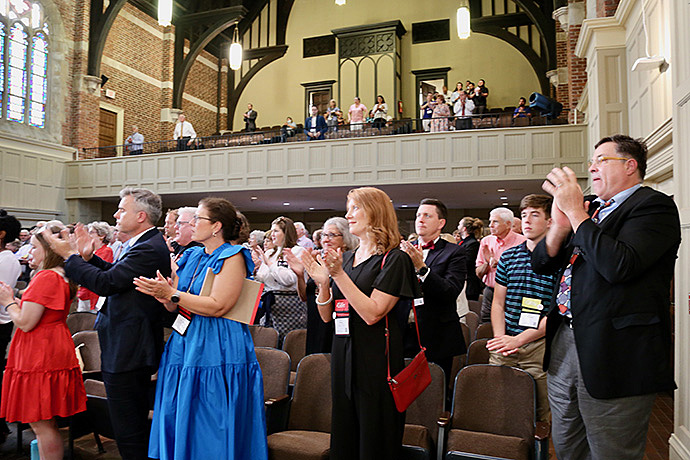 A large crowd at a June 13 Celebrate UMC-sponsored event at Huntingdon College in Montgomery, Alabama, rises in applause. Celebrate UMC, which formed in the Alabama-West Florida Conference, is one of a handful of grassroots groups that are making an affirmative case for The United Methodist Church as some congregations decide whether to leave the denomination. Photo courtesy of Celebrate UMC.