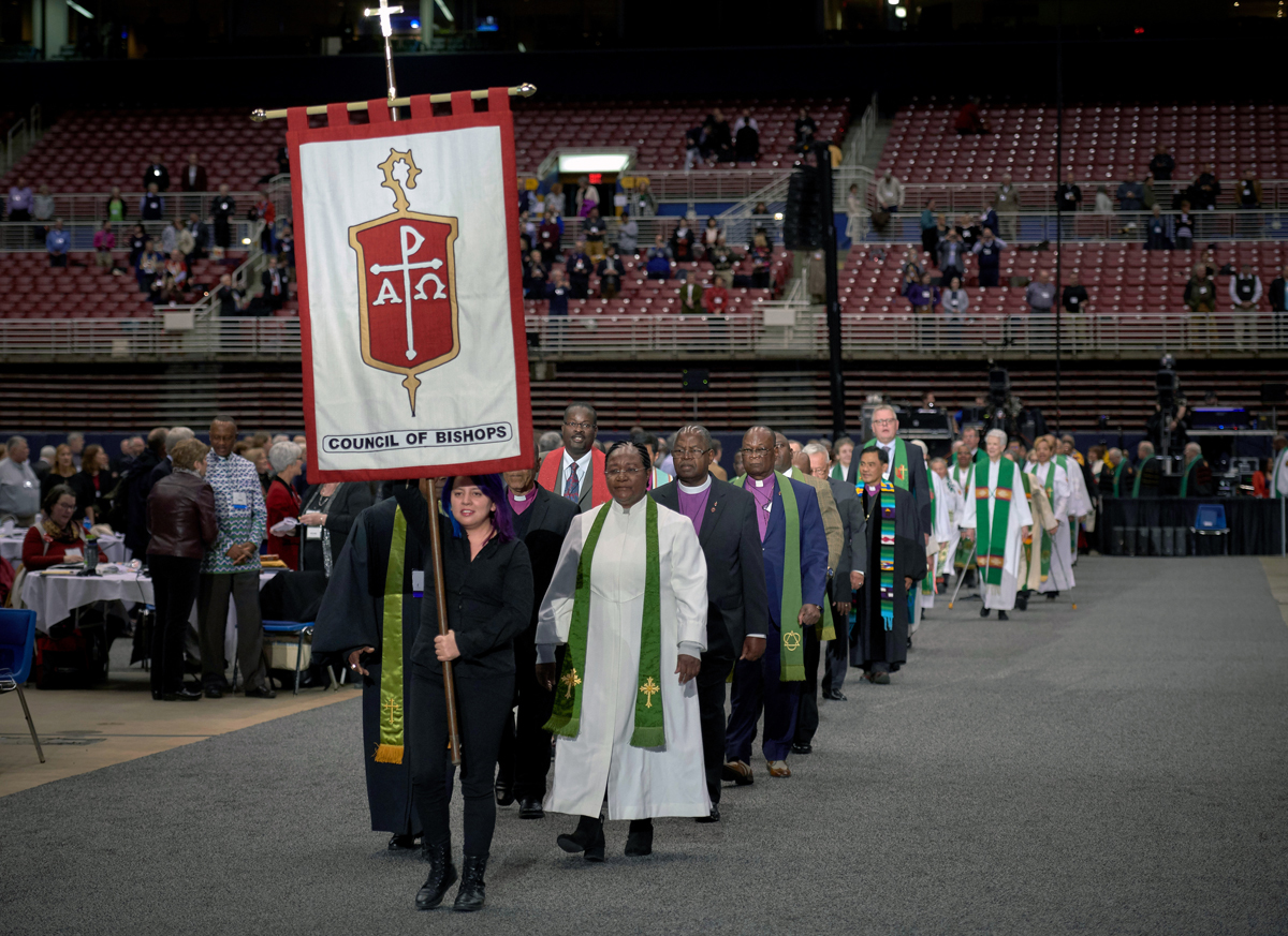 Bishops process into worship at the 2019 special session of the General Conference held in St. Louis. Amid increasing church disaffiliations, bishops are speaking out to address misinformation they say is being spread about The United Methodist Church’s future. File photo by Paul Jeffrey, UM News.