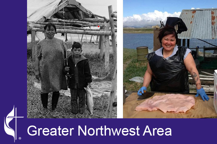 Family photos show a four-generation Alaskan fish camp before it was destroyed by typhoon. Photos courtesy of the Rev. Bertha Koweluk, Greater Northwest Conference.