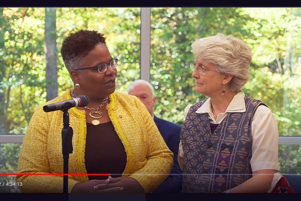 Bishop LaTrelle Easterling, at left, and Bonnie Marden, chair of the Northeastern Jurisdiction episcopacy committee, offer an overview of recommendations for how many bishops the jurisdiction should elect. The jurisdiction's bishops recommended no elections and the episcopacy committee recommended one. Ultimately, the delegates voted to elect two when the jurisdictional conference meets Nov. 2-5. Screengrab courtesy of the Greater New Jersey Conference via YouTube by UM News.