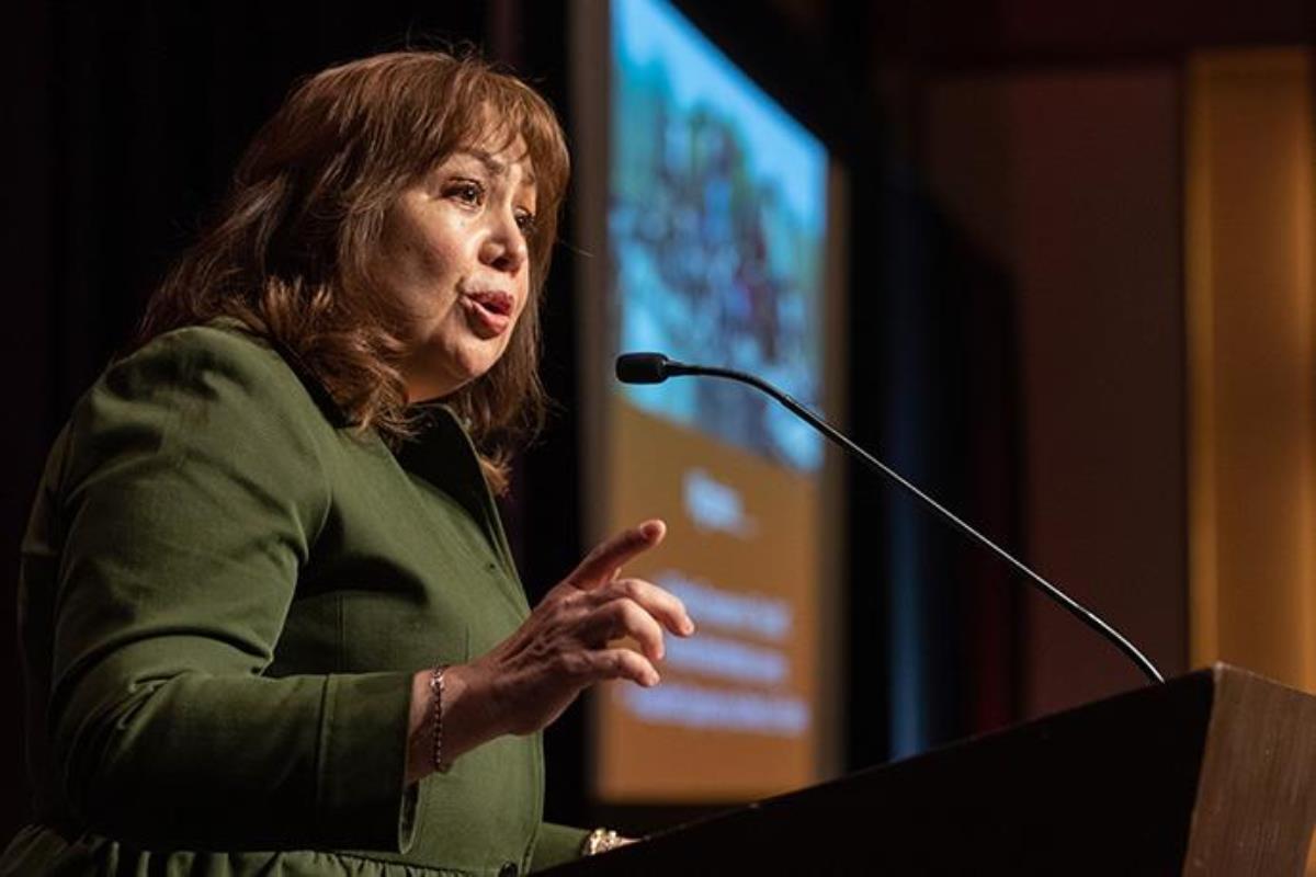 Bishop Minerva Carcaño speaks about The United Methodist Church's social witness during the 2020 Pre-General Conference Briefing in Nashville, Tenn. The bishop has been suspended with pay since March. In a memorandum released Oct. 26, the Judicial Council declined to take up the bishop’s case at this stage of the complaint process. File photo by Mike DuBose, UM News.