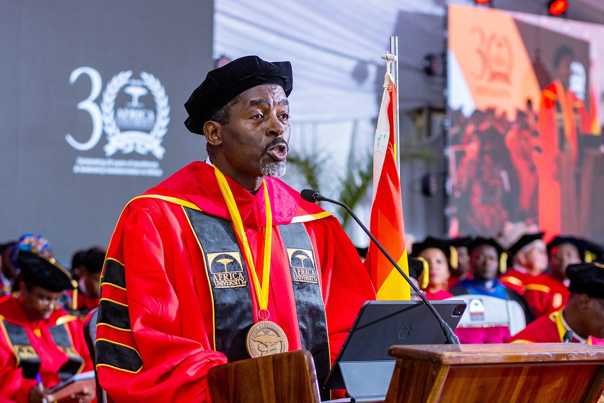 The Rev. Peter Mageto speaks during his installation service as the fifth vice chancellor of Africa University in Mutare, Zimbabwe. Mageto, who was born in Kenya, is the first non-Zimbabwean to lead the United Methodist-related institution. Photo courtesy of the Africa University Public Affairs Office.