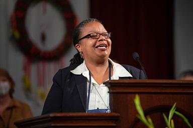 Newly elected Bishop Robin Dease thanks the Southeastern Jurisdictional Conference upon her election on Nov. 3. Dease, a South Carolina pastor and former district superintendent, was elected on the 25th ballot with 206 votes. She was the third and final bishop to be elected at the Nov. 2-4 conference, held in Lake Junaluska, N.C. Photo by Matt Brodie. Newly elected Bishop Robin Dease thanks the Southeastern Jurisdictional Conference upon her election on Nov. 3. Dease, a South Carolina pastor and former district superintendent, was elected on the 25th ballot with 206 votes. She was the third and final bishop to be elected at the Nov. 2-4 conference, held in Lake Junaluska, N.C. Photo by Matt Brodie.