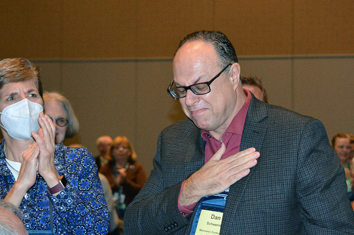 The Rev. Dan Schwerin reacts to being elected bishop Nov. 3 at the North Central Jurisdictional Conference. Schwerin, assistant to the bishop in the Wisconsin Conference, was elected on the sixth ballot with 100 votes. He was the third and final bishop elected by jurisdictional delegates at their Nov. 2-5 meeting in Fort Wayne, Ind. Photo by Lisa Wink.