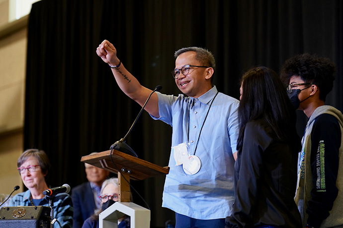 Bishop Carlo A. Rapanut greets delegates at the United Methodist Western Jurisdictional Conference, after he was elected to the episcopacy on the 13th ballot on Nov. 4 at Christ United Methodist Church in Salt Lake City. Rapanut, an elder in the Pacific Northwest Conference, served in Alaska and was ordained in the Northwest Philippines Conference. Photo by Patrick Scriven of the Pacific Northwest Conference of the Western Jurisdiction.