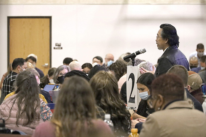The Rev. Feliciano Santos Cao, a delegate from the California-Nevada Conference, addresses the Western Jurisdiction during its first day of plenary Nov. 2 in Salt Lake City. He is the chair of the jurisdiction’s Inter-Ethnic Coordinating Committee that works with the jurisdiction’s ethnic caucuses. He praised a closed-door session among delegates for clearing the air among delegates and addressing the sins of racism, colonialism, sexism and homophobia. The day after, he led a prayer for the plenary in response to the session. Photo by Miya Kim, California-Pacific Conference.