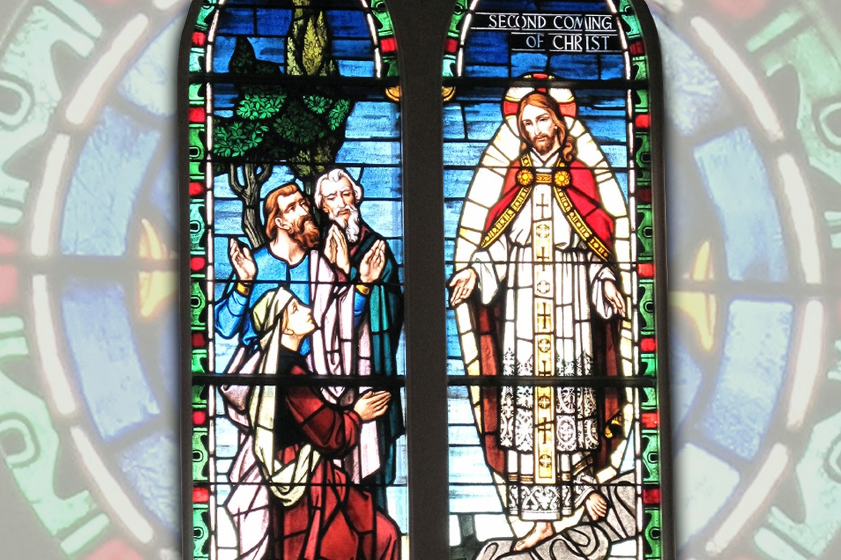 Detail from the Second Coming of Christ window at St. Matthew's Lutheran Church in Charleston, S.C. Window created by Franz Mayer & Co. of Munich, Germany, represented by the studios of George L. Payne of Patterson, New Jersey, 1966. Image courtesy of Wikimedia Commons.
