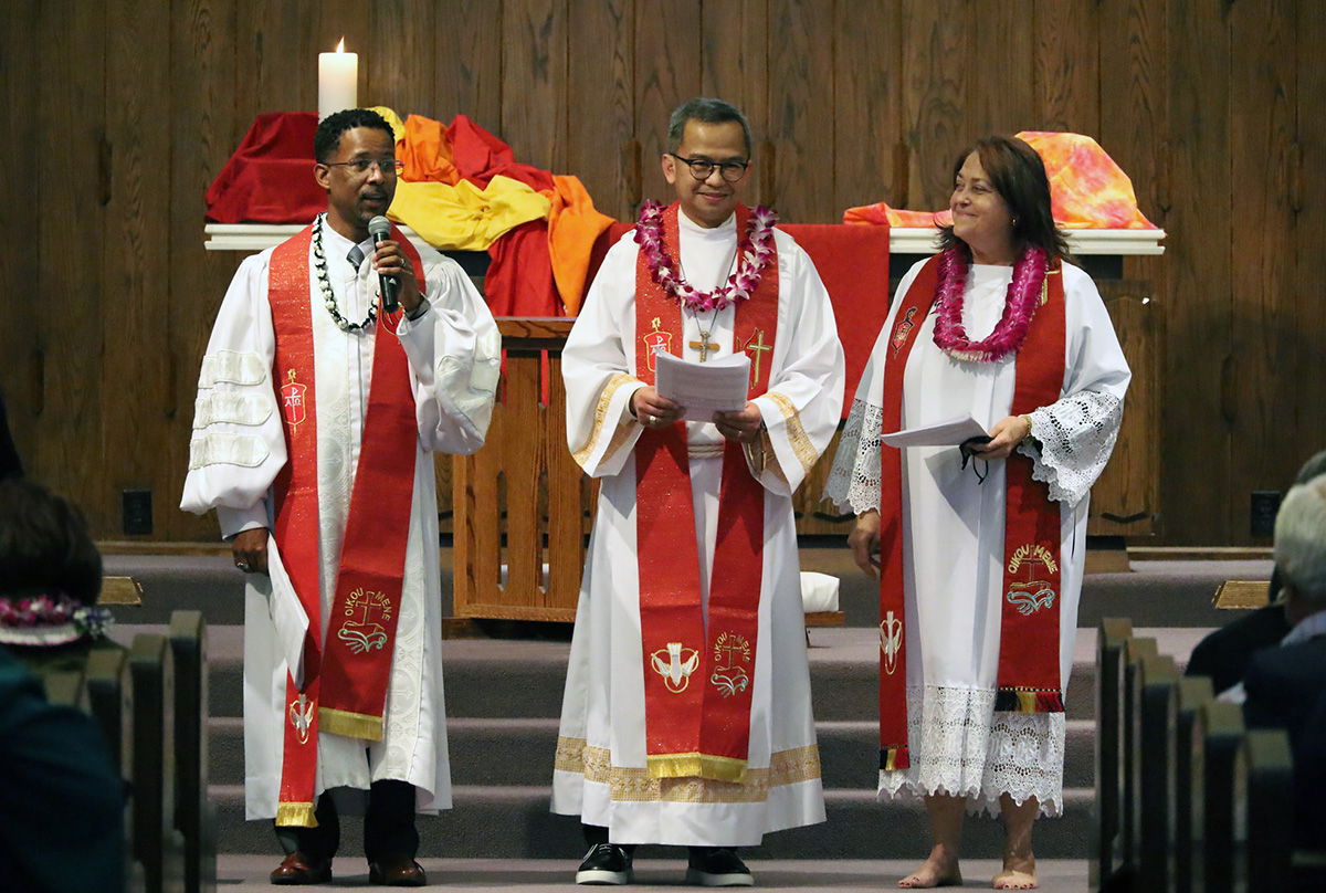 Bishops Cedrick D. Bridgeforth (left), Carlo A. Rapanut and Dottie Escobedo-Frank are consecrated during a service held Nov. 5 at Christ United Methodist Church in Salt Lake City. The Rev. W. Timothy McClendon has filed a complaint against all of the Western Jurisdiction’s bishops for the consecration of Bridgeforth, who is the denomination’s first openly gay man to be elected a bishop. Photo by Miya Kim for the Western Jurisdictional Conference.