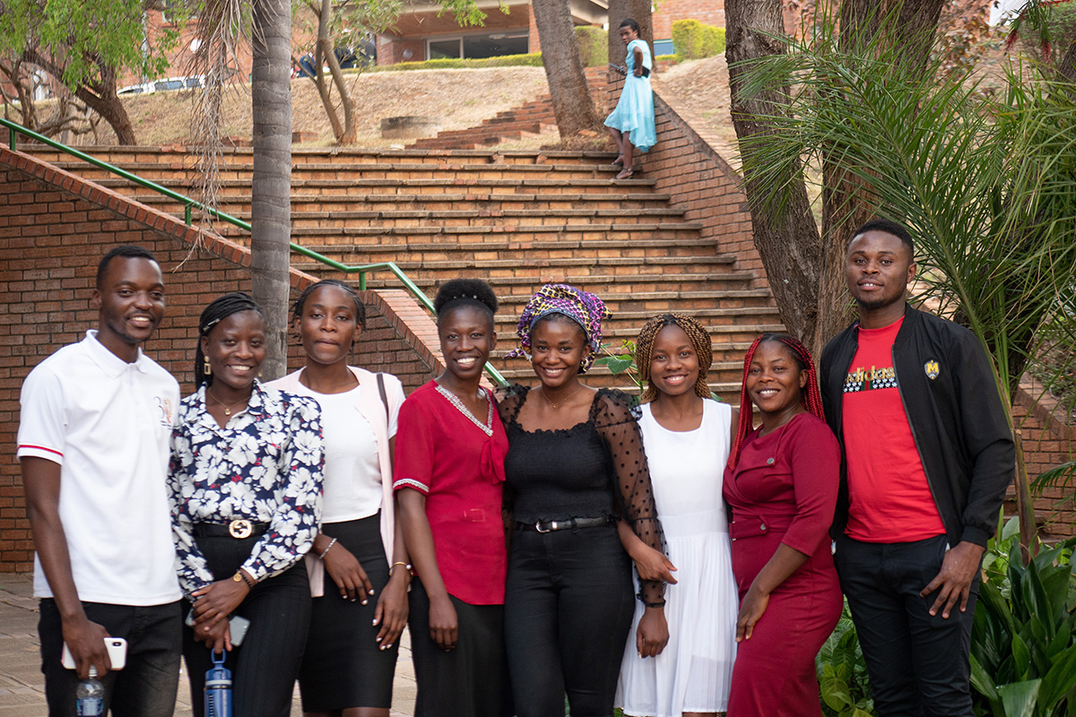 A group of Africa University scholarship recipients met to talk to donors and sponsors from the U.S. during the 30th anniversary celebration of Africa University in October. The school provides financial aid or scholarships for two-thirds of the students enrolled at the United Methodist-related university in Mutare, Zimbabwe. Photo by Kathy L. Gilbert, UM News.