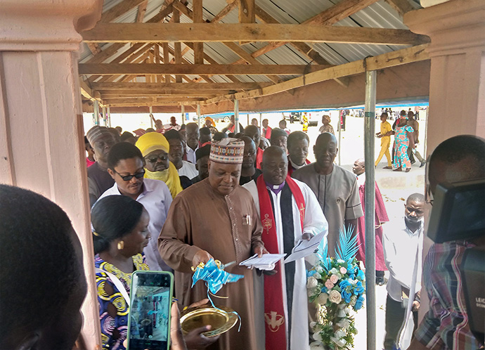 Nigeria Area Bishop John Wesley Yohanna is joined by the Rev. Jolly T. Nyame, former governor of Taraba state and onetime director of connectional ministries for The United Methodist Church in Nigeria, during a commissioning service for a new emergency ward at Jalingo United Methodist Hospital in Jalingo, Nigeria. Photo by Ezekiel Ibrahim, UM News.
