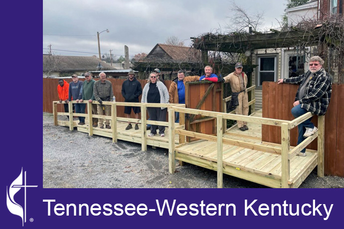 Reidland United Methodist Men built a large ramp for Gary Davis of Paducah, Ky., who is suffering from terminal cancer. The ramp was completed before Davis came home from rehab. Pictured from right to left are Jason Moore, Chuck Bearden, Joe Burkhead, Stephen Douglas, Dallas (friend of Jason), Rose Davis (wife of Mr. Davis), Keith Williams, Ed Bach, Vince Kahne, Mike Clark, Anthony (friend of Keith). Photo courtesy of the Tennessee-Western Kentucky Conference.