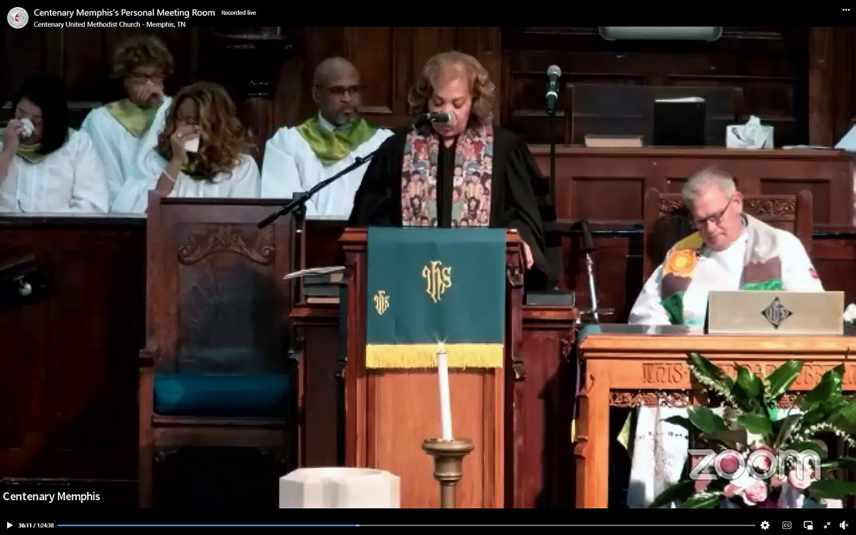 The Rev. Deborah Smith, senior pastor of Centenary United Methodist Church, introduces Tennessee-Western Kentucky Bishop Bill McAlilly before his sermon at the Memphis congregation Jan. 29. The bishop chose “Love and Justice” as his topic, preaching to those grieving the death of Tyre Nichols, a Black man who died after being beaten by police. Screengrab courtesy of Centenary United Methodist via Facebook by UM News.