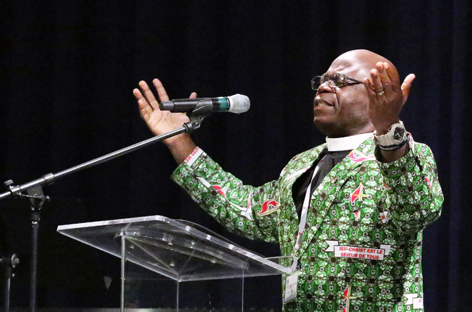 The Rev. Jerry Kulah of Liberia speaks to the global legislative assembly of the Wesleyan Covenant Association on Nov. 2, 2018. The WCA leaders said a breakup of The United Methodist Church was necessary and inevitable and that they were preparing for the launch of a new Methodist church. File photo by Thomas Kim, UM News.