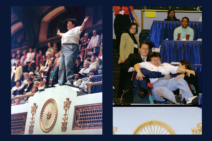 A visitor to The United Methodist Church's 2000 General Conference identified as Jeanne Smile stands on a balcony ledge overlooking the plenary floor at the Cleveland Convention Center. The woman stepped onto the ledge during a debate over the church's anti-homosexual policies, causing many in the hall to fear she would fall or jump. She was pulled to safety. File photos by (left) Mike DuBose and (right) Paul Jeffrey, UM News.