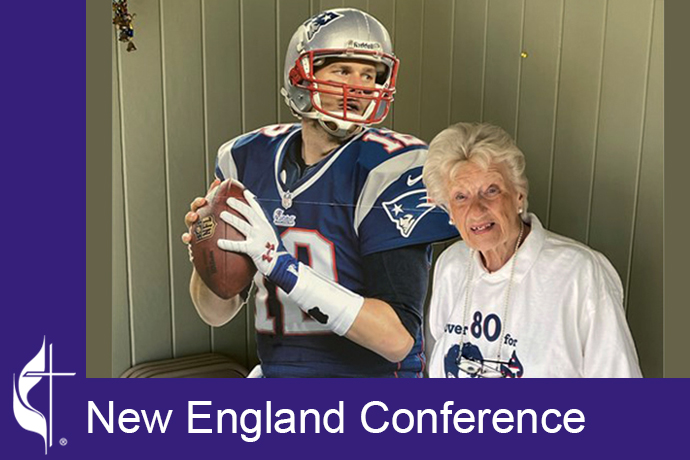 Betty Pensavalle poses with her Tom Brady cutout. Pensavalle was one of the inspirations for the movie, "80 for Brady." Photo courtesy of the New England Conference.