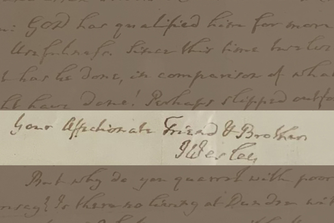 Uma carta original de John Wesley, datada de 16 de julho de 1785, da coleção do Museu Metodista Moore em St. Simons Island, Geórgia. Foto cedida pelo Museu Metodista Moore. Para ver a carta inteira, clique aqui . 