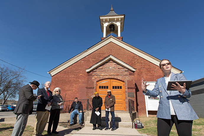 Ashley Boggan (right) speaks during a celebration to recognize Pickett Chapel’s status as part of the National Register of Historic Places. A local Black history group now owns the chapel, in Lebanon, Tenn., and it is being restored to be a museum and event venue. Photo by Mike DuBose, UM News.