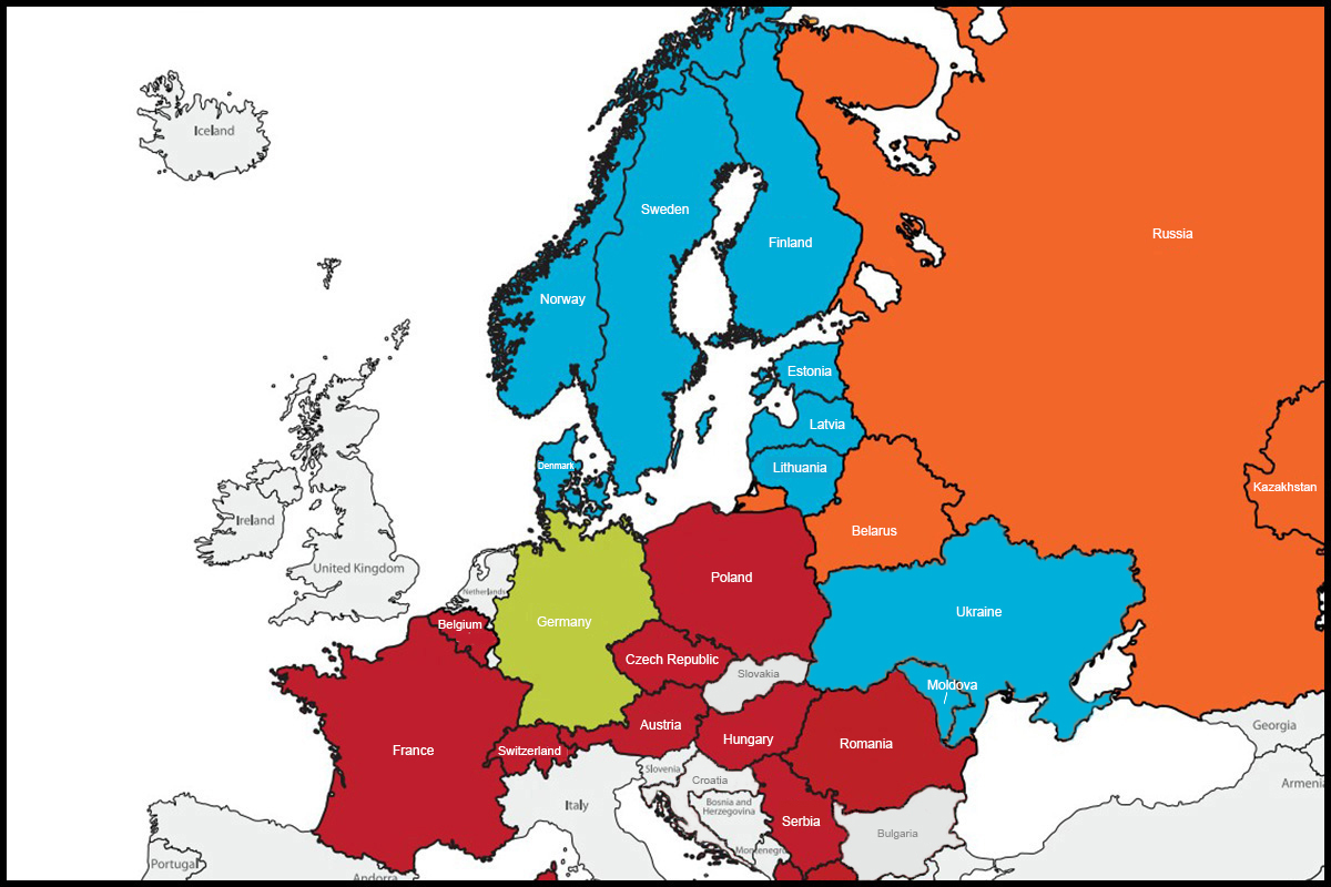 Um excerto de um mapa detalhando as conferências centrais na Europa mostra a Conferência Central e a da Europa Meridional Centro (a vermelho), a Conferência Central da Alemanha (a verde) e a Conferência Central da Europa do Norte e Eurásia, que contém a Área Episcopal da Eurásia e a Área Episcopal Nórdica e Báltica (a laranja e azul, respectivamente). Mapa original - cortesia de UMC.org; editado pela UM News.