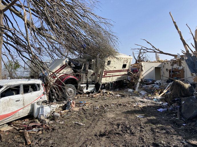Vehicles, homes and trees lie in a heap in Rolling Fork, Miss., on March 25 in the aftermath of deadly storms that destroyed most of the small town. Photo courtesy of the Community Foundation of Northwest Mississippi.