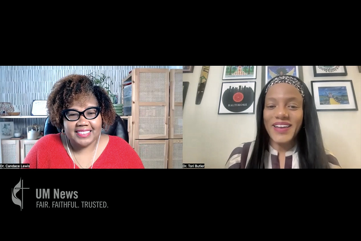 The Rev. Dr. Tori Butler (right) speaks with the Rev. Candace Lewis, president-dean of Gammon Theological Seminary — the first woman to hold that position — in the latest installment of the “Hollering for Change” series. Zoom video image courtesy of the Rev. Butler, via YouTube.
