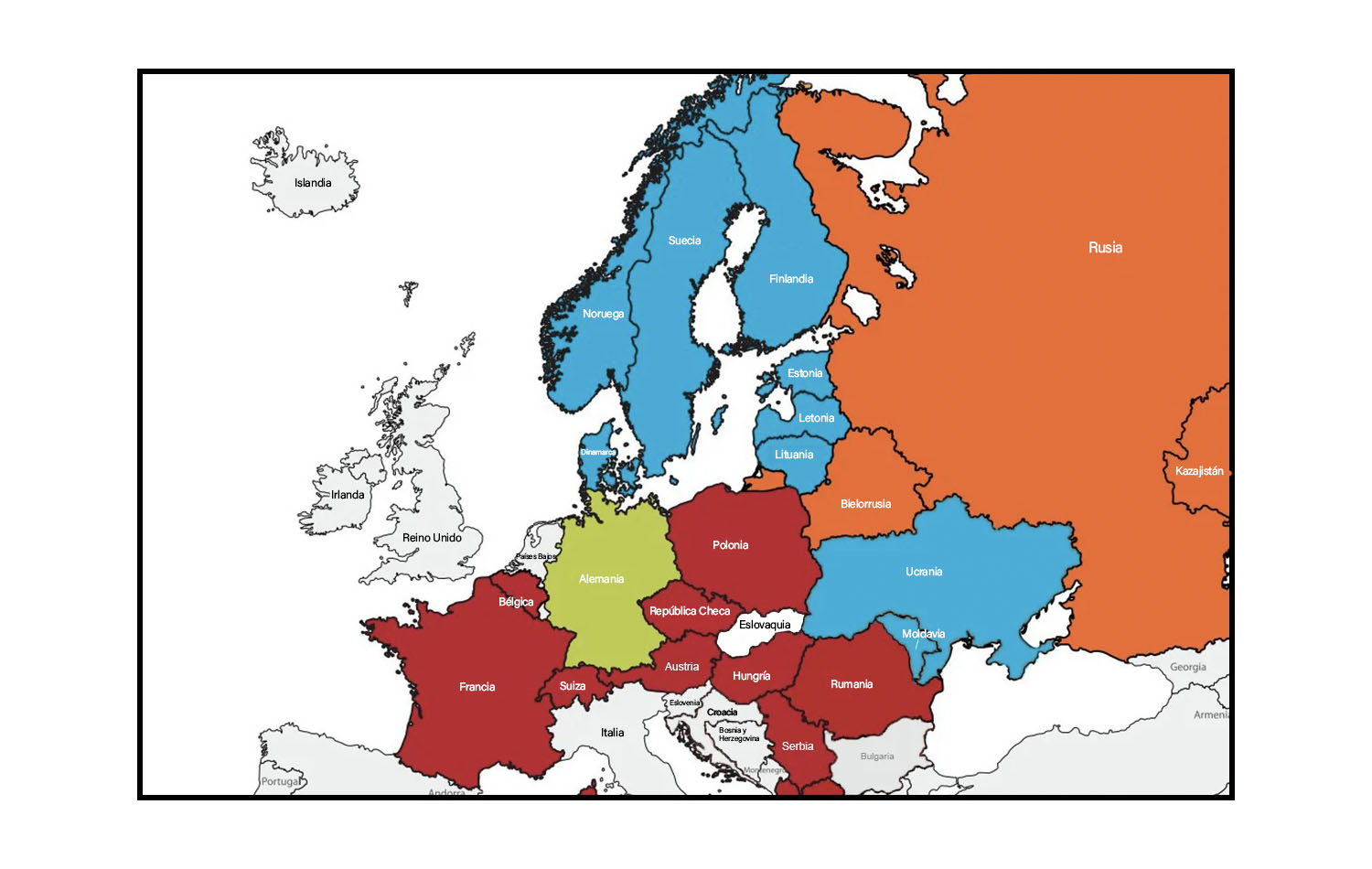 Este extracto de un mapa que detalla las conferencias centrales en Europa muestra la Conferencia Central de Europa Central y Meridional (en rojo), la Conferencia Central de Alemania (en verde) y la Conferencia Central de Europa del Norte y Eurasia, que contiene el Área Episcopal de Eurasia y el Área Episcopal Nórdica y Báltica (en naranja y azul respectivamente). Mapa original cortesía de UMC.org; editado por Noticias MU.