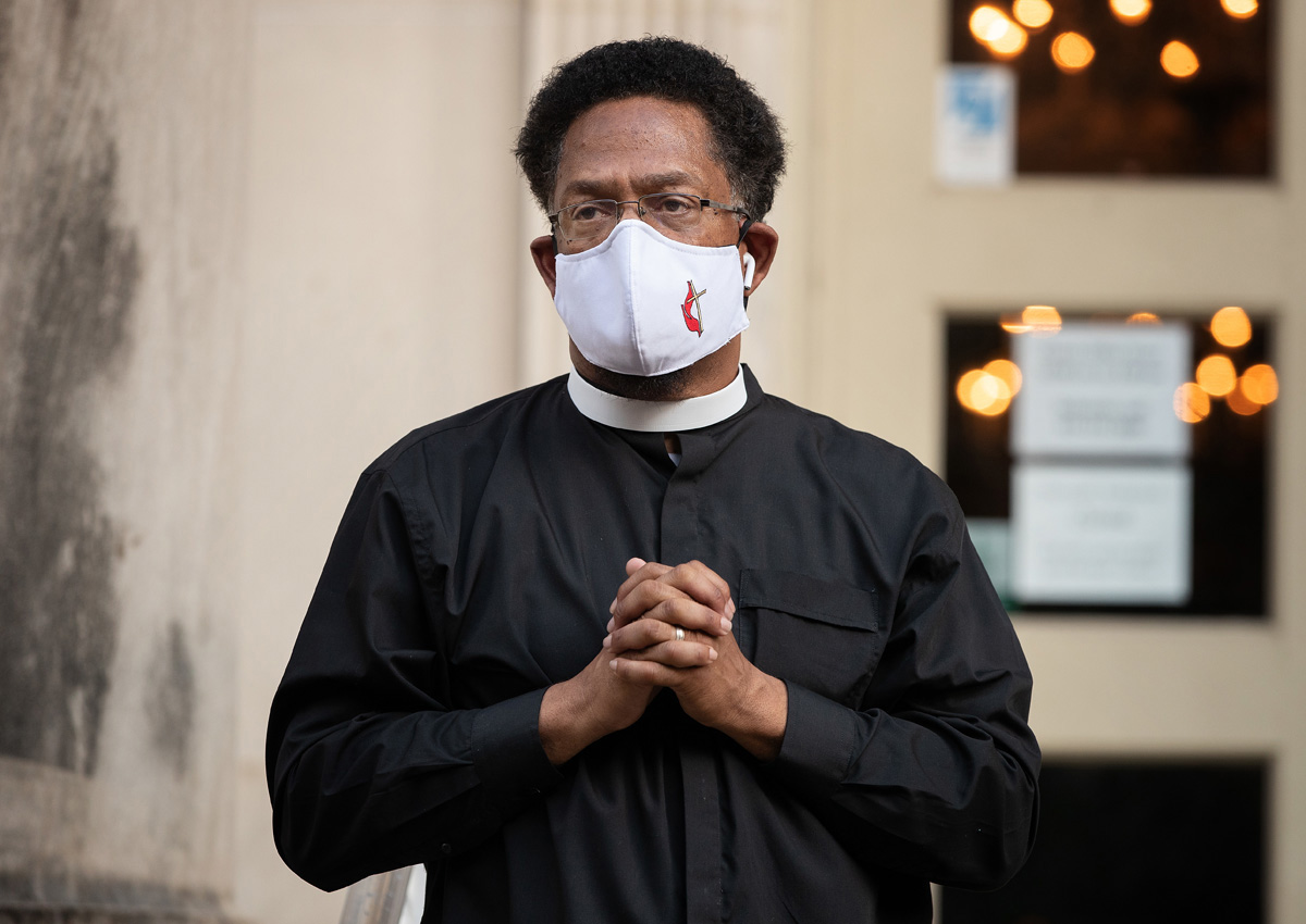 The Rev. Stephen Handy leads a prayer vigil on June 4, 2020, at McKendree United Methodist Church in Nashville, Tenn., that was held to grieve and remember people lost to acts of racism. In a new survey by Gammon Research Institute, Black clergy and laity listed discrimination and racism among the top concerns facing the future of The United Methodist Church. File photo by Mike DuBose, UM News. 