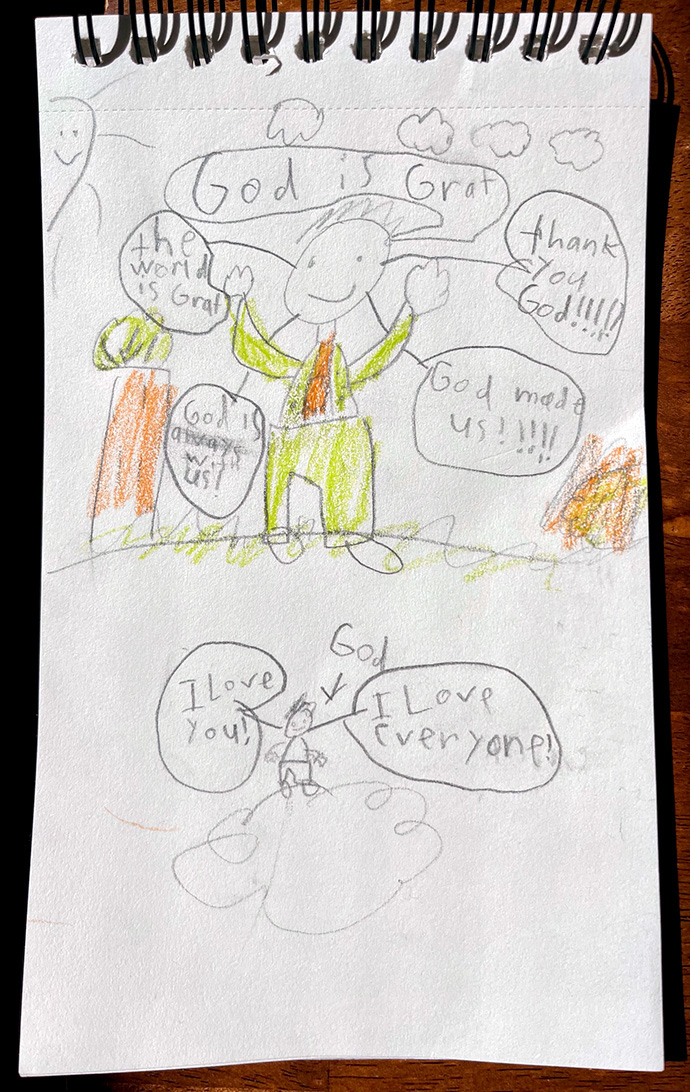 A 7-year-old boy visiting Stokesdale (N.C.) United Methodist Church recently with his family drew this response to a sermon by the pastor, the Rev. Ed McKinney. The family is among those who want to remain United Methodist though their church voted to disaffiliate. Stokesdale United Methodist is a Lighthouse Congregation, meaning it offers a big welcome and strong support to such folks. Photo courtesy Stokesdale United Methodist Church. 