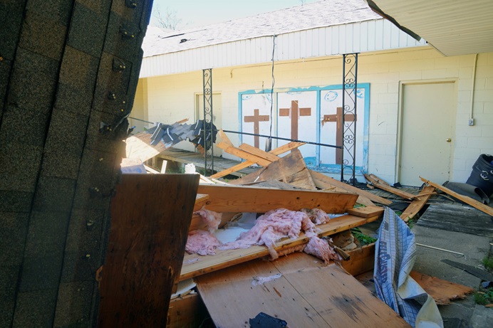 Amboy United Methodist Church in North Little Rock, Ark., is one of three Arkansas Conference churches badly damaged by tornado-spawning storms that hit March 31. Photo courtesy of the Arkansas Conference.