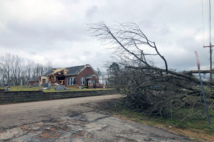 Morris Chapel United Methodist Church, in Hardin County, Tenn., shows the effects of a March 31 tornado. Photo by the Rev. Robert Craig. 