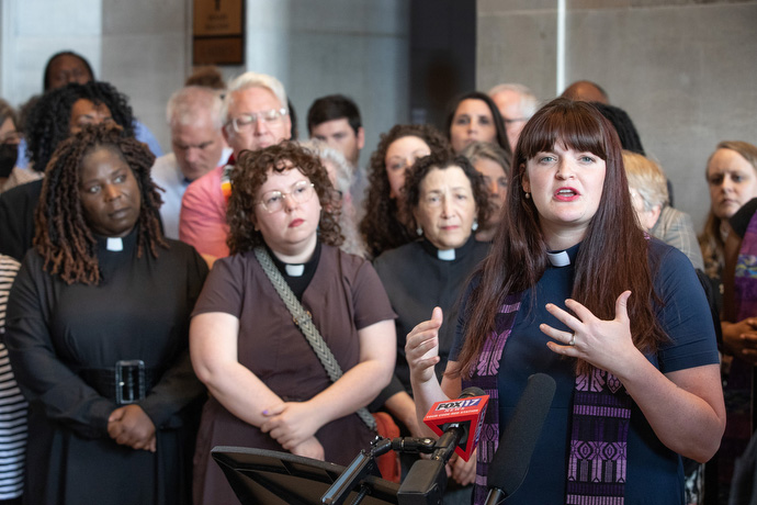 The Rev. Shelby Slowey speaks during a press conference at the Tennessee State Capitol in Nashville where clergy called on state legislators to enact “sensible” gun legislation. Slowey is pastor of South End United Methodist Church in Nashville. Photo by Mike DuBose, UM News.