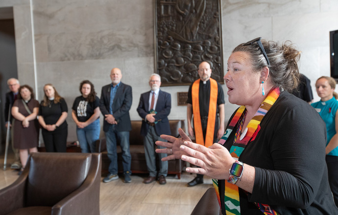 The Rev. Ingrid McIntyre encourages clergy members to speak out about gun reform legislation during a press conference at the Tennessee State Capitol in Nashville. McIntyre is pastor for community engagement at Belmont United Methodist Church in Nashville. Photo by Mike DuBose, UM News.