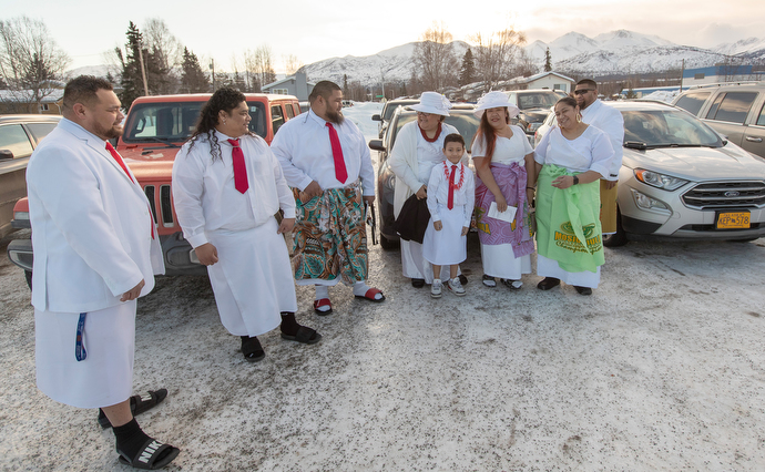 Members of Ola Toe Fuataina United Methodist Church gather before the chartering service for their new church at the Alaska United Methodist Conference Center in Anchorage. Photo by Mike DuBose, UM News.