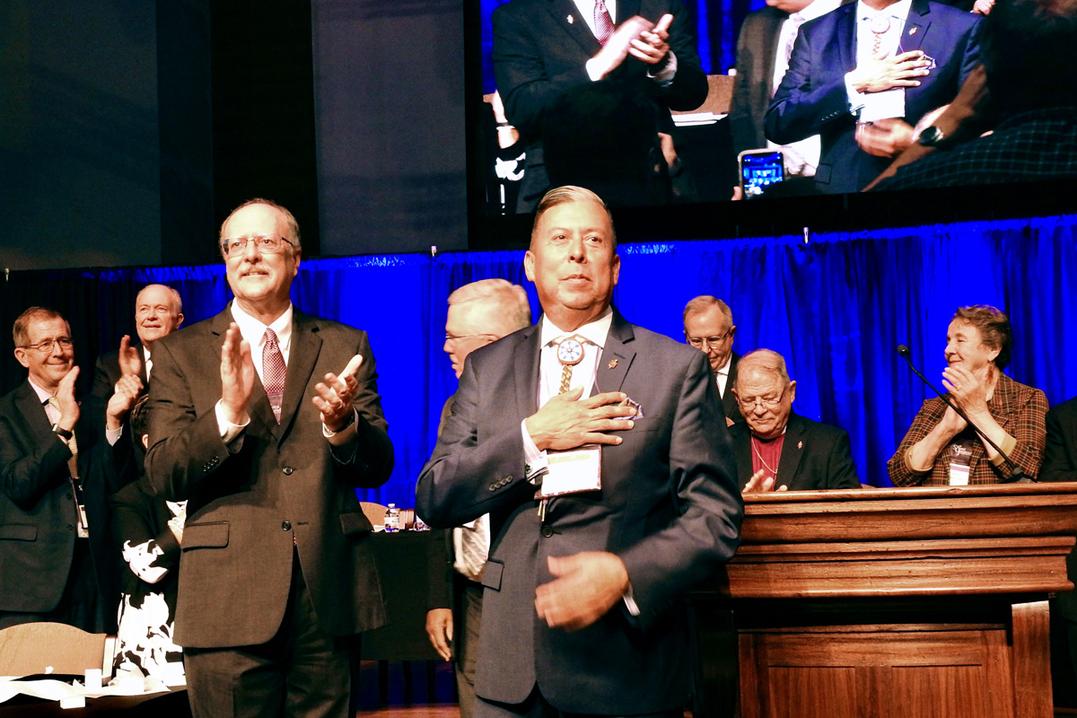 The Rev. David Wilson, the first Native American United Methodist bishop, accepts congratulations after his election to the episcopacy at the South Central Jurisdictional Conference Nov. 2 in Houston. File photo by Sam Hodges, UM News.