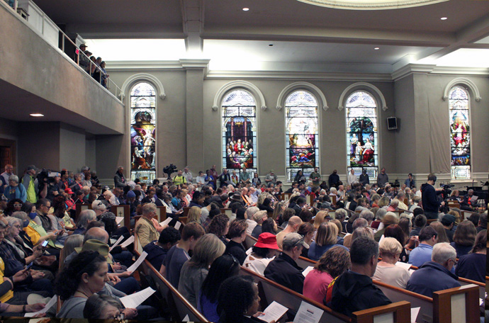 Hundreds gather inside of McKendree United Methodist Church in downtown Nashville, Tenn., April 17 for prayer and instruction ahead of the three-block march from the church to the state Capitol building in support of gun control. Photo by Vernon Jordan, UM News.