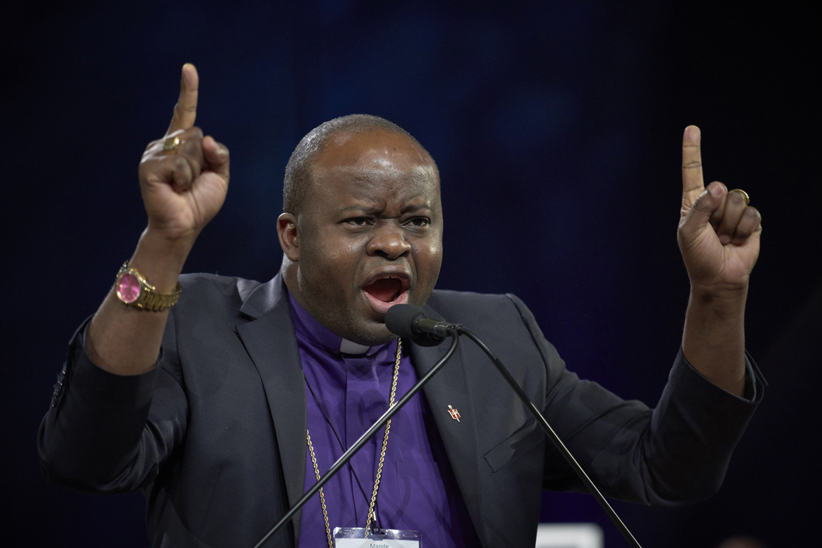 Bishop Mande Muyombo, resident bishop of the North Katanga Area, speaks to the opening session of the 2019 special General Conference. Now Connectional Table chair, Muyombo guided the leadership body through a discussion of its proposal to reduce its membership. File photo by Paul Jeffrey, UM News.