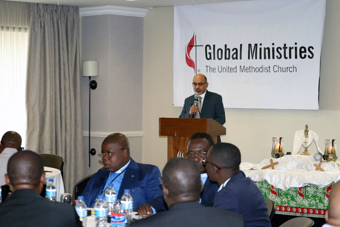 Roland Fernandes, Global Ministries’ top executive, addresses delegates to the Africa Mission Consultation in Maputo, Mozambique, April 17-19.  The meeting enabled the agency to listen to and engage bishops, delegates and partners in mission on the continent. Photo by the Rev. Isaac Broune, UM News.