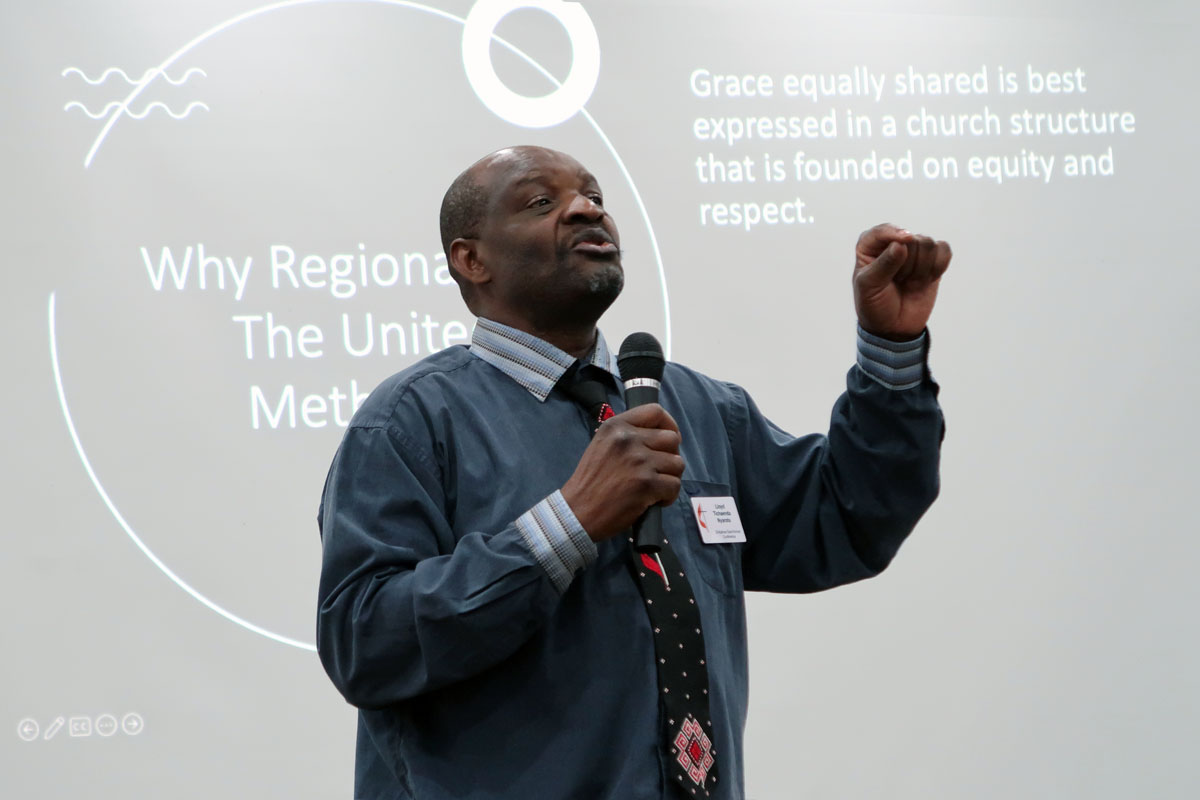 The Rev. Lloyd T. Nyarota, newly elected general coordinator of the United Methodist Africa Forum, describes how regionalization would help achieve unity in The United Methodist Church. The forum held its first meeting April 21-22 in Johannesburg, South Africa, where it elected officers, including Nyarota, who is with the Zimbabwe East Conference. Photo by Eveline Chikwanah, UM News.