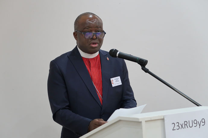 Bishop Mande Muyombo, of the North Katanga Episcopal Area, delivers the keynote address at the founding meeting of the United Methodist Africa Forum. The forum is a new caucus advocating for the continued unity of The United Methodist Church through a more regionalized structure. Muyombo urged delegates to maintain good relations with those who may not think or look like them. Photo by Eveline Chikwanah, UM News.