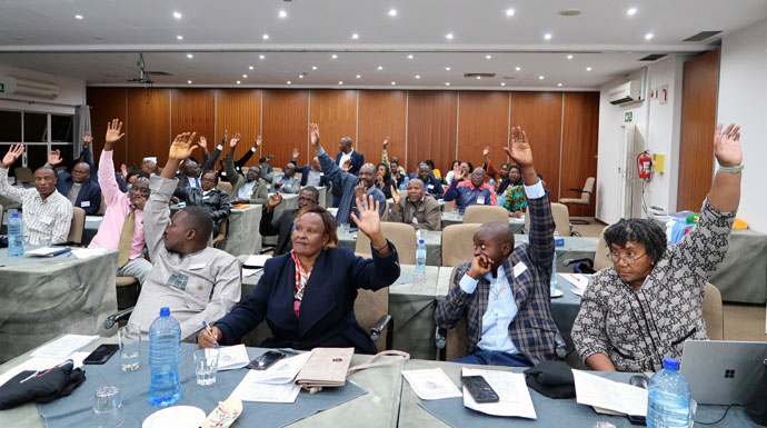 Delegates at the inaugural meeting of United Methodist Africa Forum vote for its leadership in an open ballot April 21. The group is advocating for regionalization as a way to maintain unity in The United Methodist Church. Photo by Eveline Chikwanah, UM News.