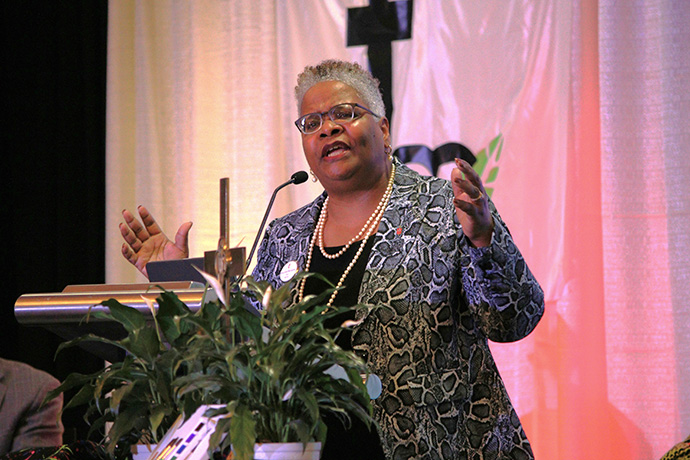 Bishop LaTrelle Easterling, who leads the Baltimore-Washington and Peninsula-Delaware conferences, speaks at Black Methodists for Church Renewal’s 56th General Meeting April 13 in Pittsburgh. Easterling was one of nine bishops who attended the meeting to address members’ concerns and lead worship and Holy Communion. Photo by Liz Lennox, Western Pennsylvania Conference.